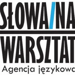 Logo firmy SŁOWA NA WARSZTAT Agencja językowa, z niebieskim pionowym paskiem w słowie SŁOWA.
