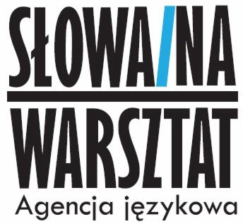 Logo firmy SŁOWA NA WARSZTAT Agencja językowa, z niebieskim pionowym paskiem w słowie SŁOWA.