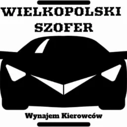 Logo firmy 'Wielkopolski Szofer' z sylwetką samochodu w czerni i napisem 'Wynajem Kierowców'.