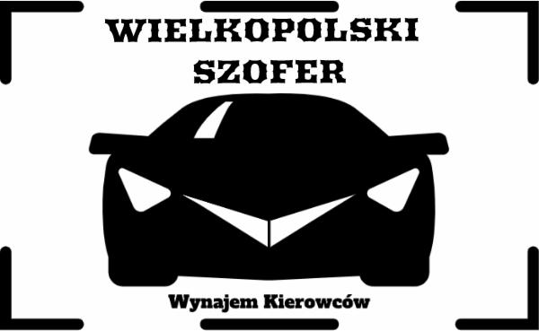 Logo firmy 'Wielkopolski Szofer' z sylwetką samochodu w czerni i napisem 'Wynajem Kierowców'.