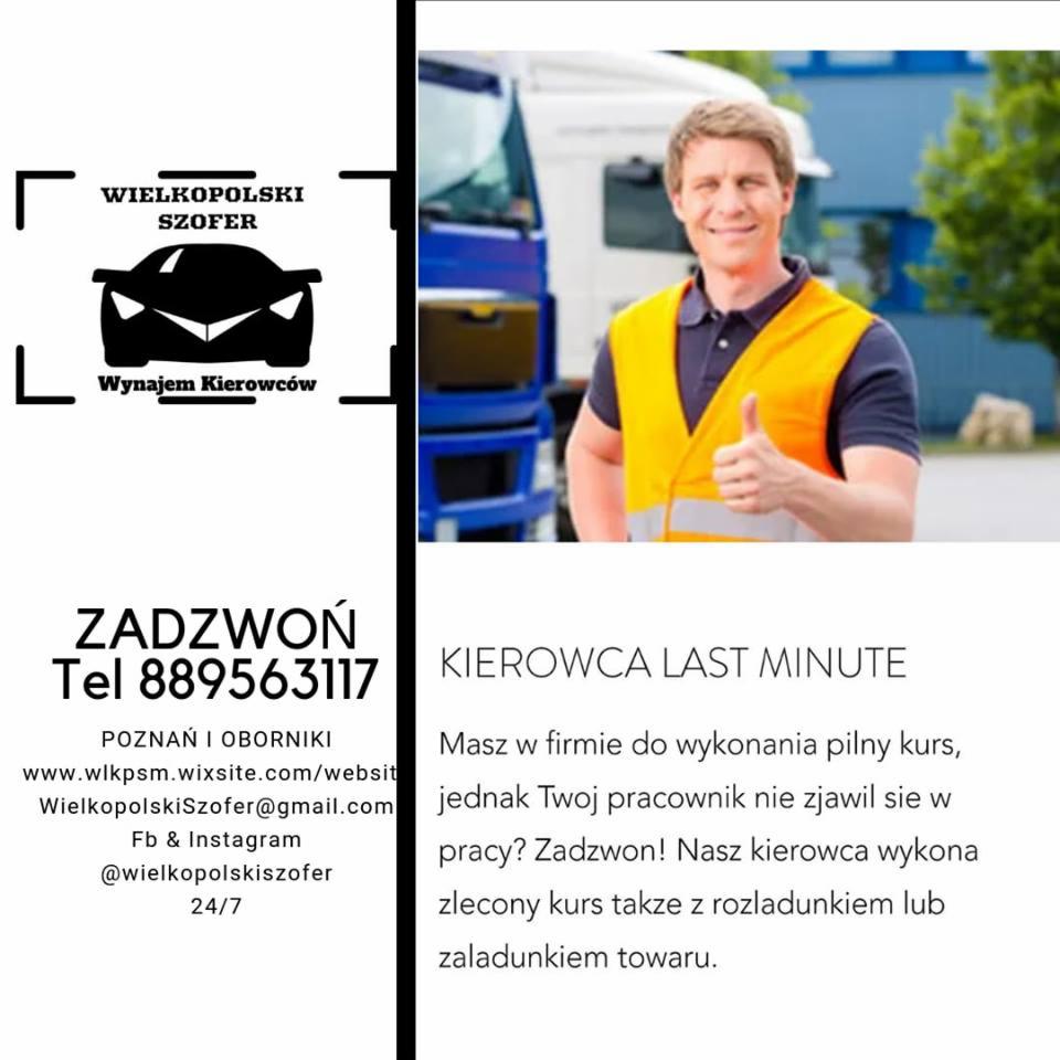 Logo firmy Wielkopolski Szofer oferującej wynajem kierowców, obok uśmiechnięty mężczyzna w kamizelce odblaskowej z uniesionym kciukiem na tle niebieskiej ciężarówki.