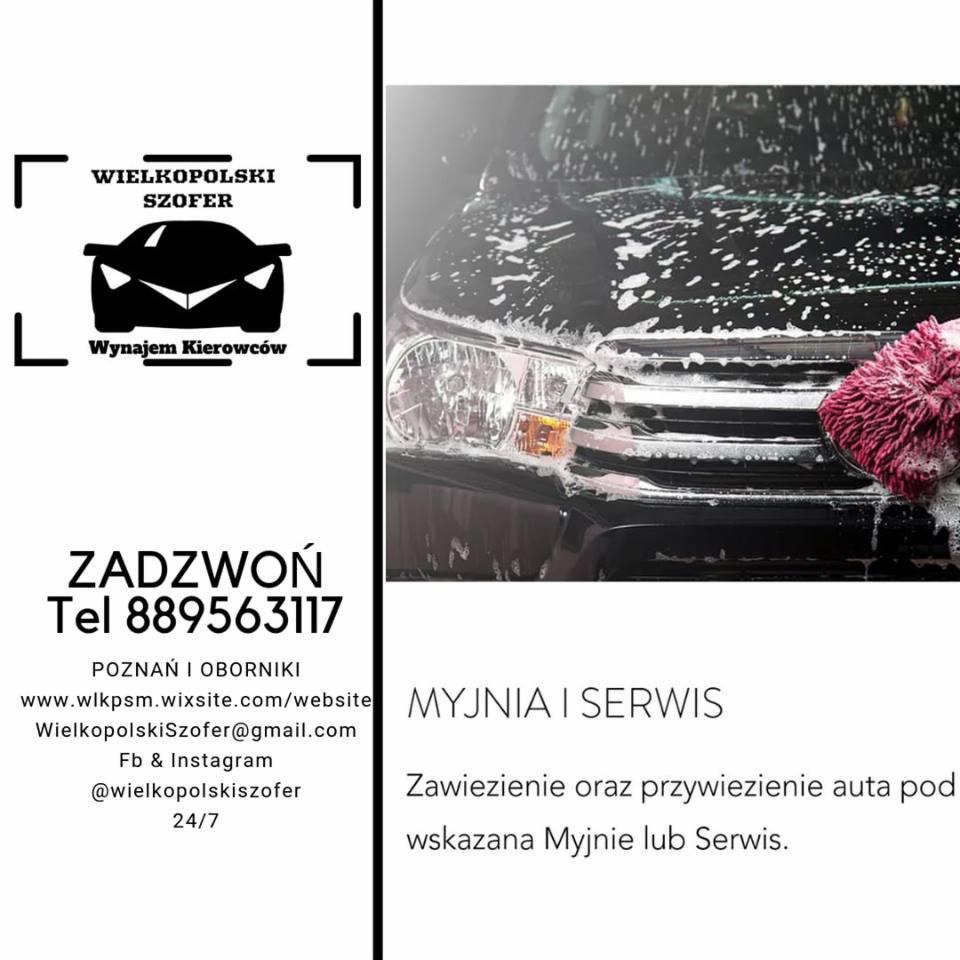 Reklama firmy Wielkopolski Szofer oferującej wynajem kierowców oraz transport aut do myjni i serwisu, z wizualizacją czyszczenia przodu czarnego samochodu czerwoną myjką.