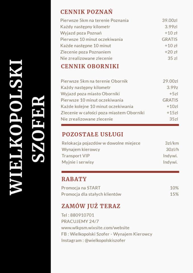 Cennik usług transportowych firmy Wielkopolski Szofer z podziałem na Poznań i Oborniki, obejmujący relokację pojazdów, wynajem kierowcy i transport VIP, wraz z danymi kontaktowymi i informacją...