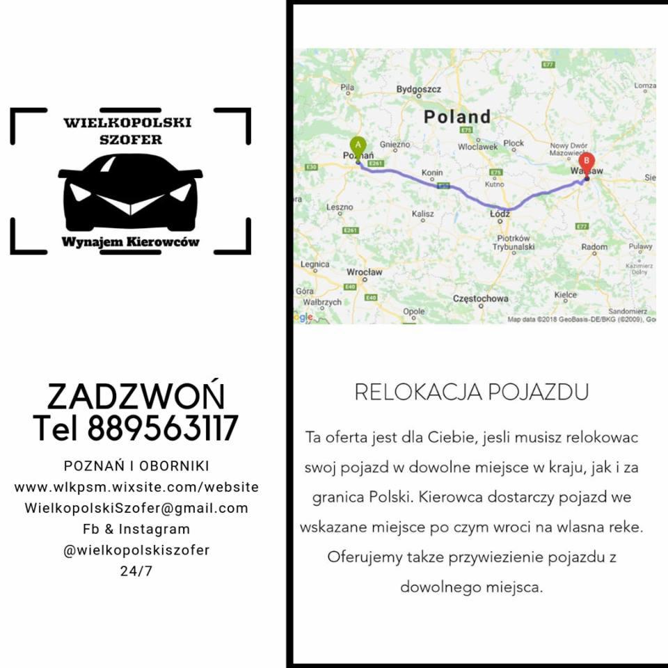 Reklama firmy Wielkopolski Szofer oferującej wynajem kierowców i relokację pojazdów, z mapą Polski wskazującą trasy, numerem telefonu i danymi kontaktowymi.