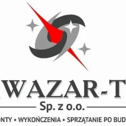 Logo firmy Kwazar-TB Sp. z o.o. z motywem graficznym przypominającym galaktykę z czerwonymi promieniami, oferującej remonty, wykończenia i sprzątanie po budowie.