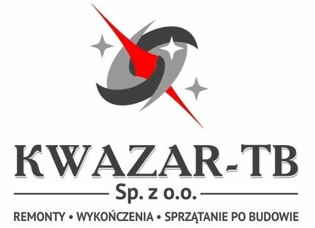 Logo firmy Kwazar-TB Sp. z o.o. z motywem graficznym przypominającym galaktykę z czerwonymi promieniami, oferującej remonty, wykończenia i sprzątanie po budowie.