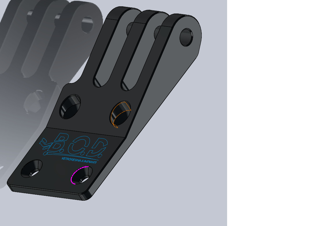 Czarny uchwyt z otworami montażowymi i logo B.C.D. VETRORESINA & IMPIANTI, przedstawiony w programie do modelowania 3D z widocznymi liniami konstrukcyjnymi.