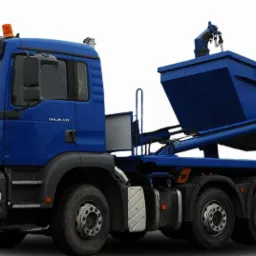 Niebieska ciężarówka z kontenerem hakowym, widoczna z boku, na białym tle, z podniesionym kontenerem gotowym do załadunku lub rozładunku.