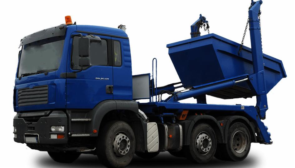 Niebieska ciężarówka z kontenerem hakowym, widoczna z boku, na białym tle, z podniesionym kontenerem gotowym do załadunku lub rozładunku.