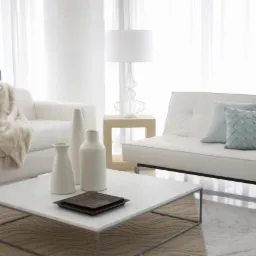 Jasne wnętrze salonu z białymi meblami, marmurowym stolikiem kawowym i dekoracyjnymi wazonami na tle okna z białymi zasłonami.