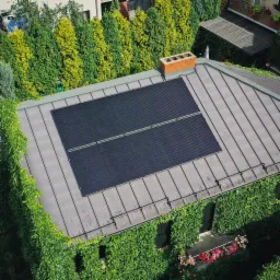 Widok z góry na dach domu z panelami słonecznymi, porośnięty bluszczem, z widocznym kominem i zielonym otoczeniem.