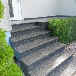 Zewnętrzne schody wejściowe z szarego kamienia o ziarnistej fakturze, prowadzące do białych drzwi, z krzewami po bokach i kamykami dekoracyjnymi.