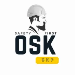 Grafika z sylwetką mężczyzny w kasku, napisem 'SAFETY FIRST' i akronimem 'OSK' nad żółtym prostokątem z napisem 'BHP'.