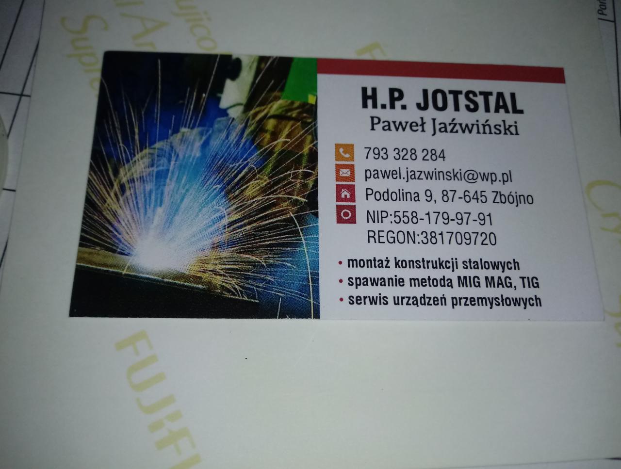 Wizytówka firmy H.P. JOTSTAL Paweł Jaźwiński, oferującej montaż konstrukcji stalowych, spawanie metodą MIG MAG TIG oraz serwis urządzeń przemysłowych, z grafiką przedstawiającą spawanie.