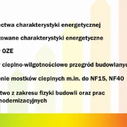 Graficzne przedstawienie zakresu usług związanych z charakterystyką energetyczną budynków, w tym analizy OZE, cieplno-wilgotnościowe przegród, obliczenia mostków cieplnych i doradztwo w zakresie...