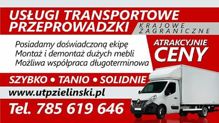 Reklama firmy transportowej z białym busem dostawczym, oferującej montaż mebli i atrakcyjne ceny, z numerem telefonu i adresem strony internetowej.