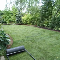 Wyrównany trawnik w ogrodzie otoczony roślinnością, widoczny wał do trawy, obrzeża wykonane z ciemnej kostki.