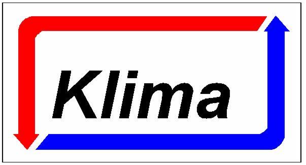 Logo firmy z napisem 'Klima' w czcionce bezszeryfowej, otoczone ramką z czerwonej strzałki skierowanej w dół i niebieskiej strzałki skierowanej w górę.