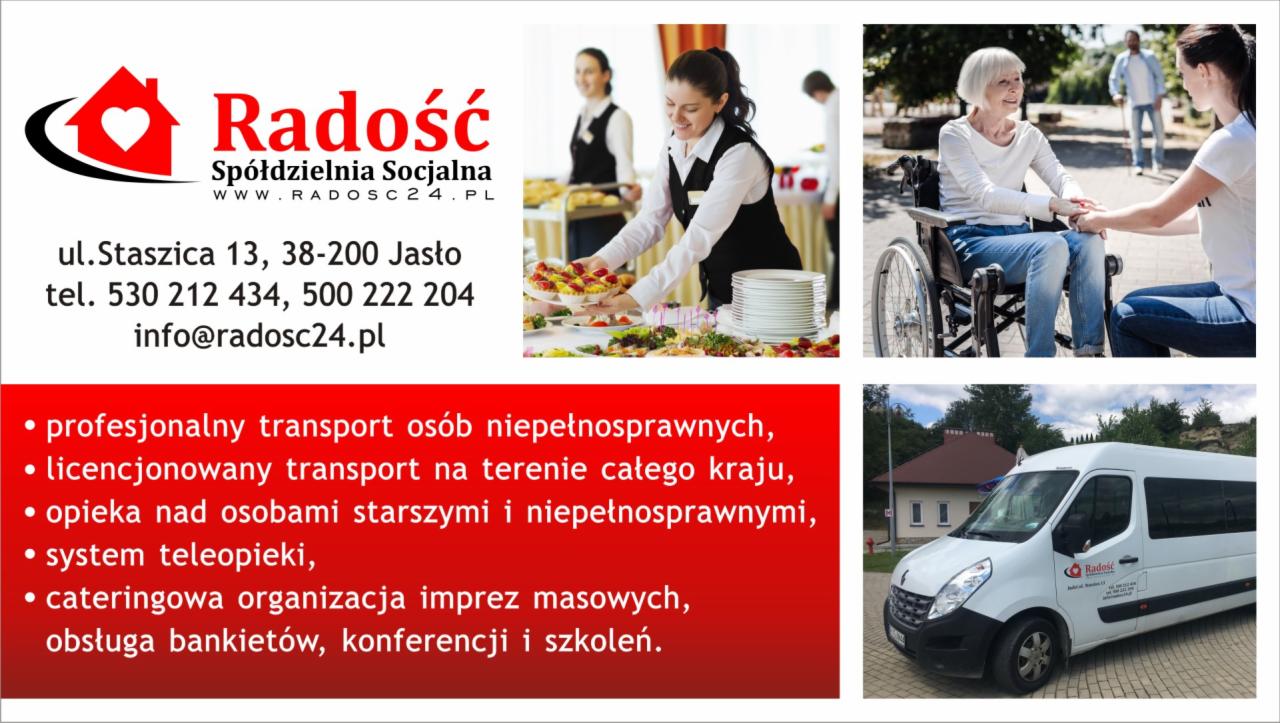 Kolaż zdjęć prezentujący usługi firmy: catering z obsługą kelnerską, kobieta na wózku inwalidzkim rozmawia z opiekunką, biały bus z logo firmy.