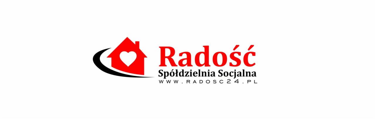 Logo Spółdzielni Socjalnej Radość z czerwonym symbolem domu z sercem w środku, umieszczonym nad nazwą firmy i adresem strony internetowej.