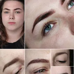 Kolaż zdjęć prezentujący brwi przed i po zabiegu pigmentacji; widoczne detale: kształt, kolor i tekstura brwi oraz odcień skóry wokół oczu.