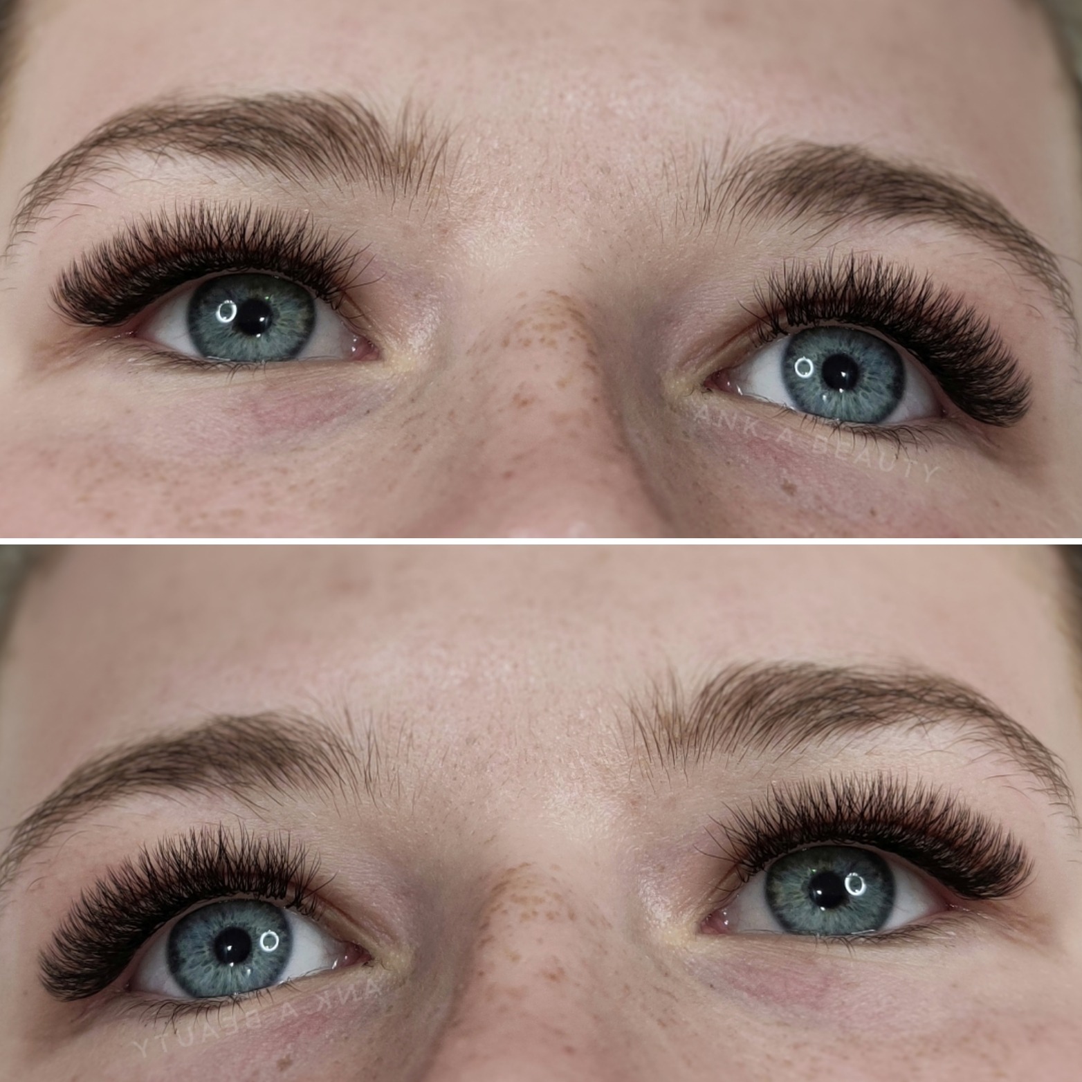 Zbliżenie na parę niebieskich oczu z widocznymi, gęstymi, sztucznymi rzęsami w stylu 'russian volume', podkreślającymi ich kształt i kolor. Widoczne piegi na skórze pod oczami.