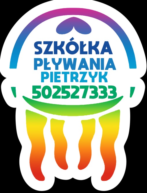 Kolorowe logo szkoły pływania Pietrzyk z numerem telefonu 502527333, przypominające kształtem meduzę.