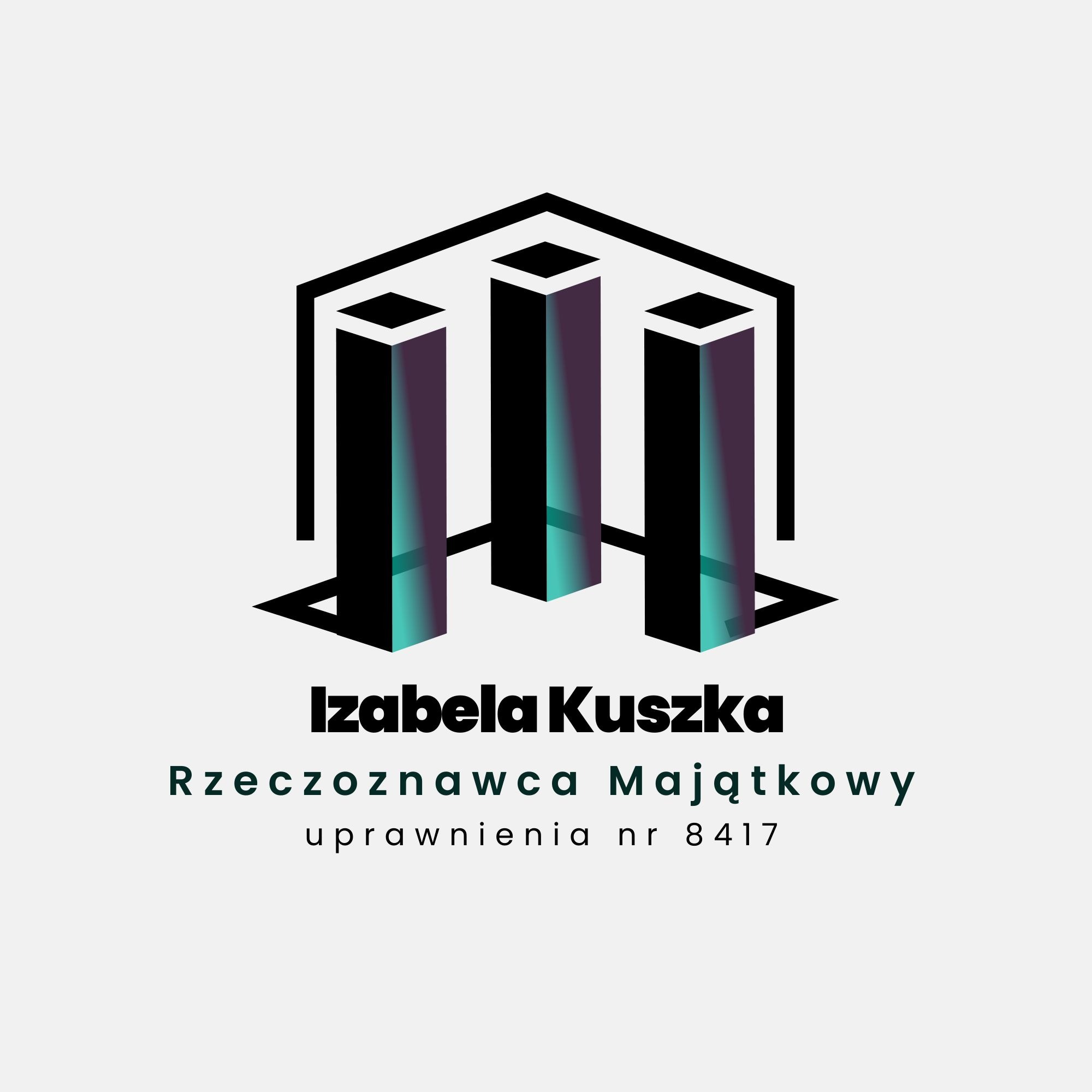 Logo firmy Izabela Kuszka Rzeczoznawca Majątkowy z trzema pionowymi gradientowymi blokami w czarnej obudowie, numer uprawnień 8417.