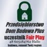 Logo firmy budowlanej Dom Budowa Plus z zielonym symbolem kłódki i domu, informacją o uczestnictwie w programie Fair Play oraz numerem telefonu, na szarym tle.
