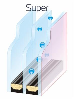 Schemat przekroju trzyszybowego okna PCV z widocznymi komorami i uszczelkami, prezentujący izolację termiczną symbolizowaną przez niebieskie kule.