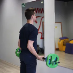 Młody mężczyzna w ciemnej koszulce i spodniach ćwiczy bicepsy ze sztangą z zielonymi obciążeniami w siłowni, widoczny w lustrze.