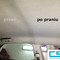 Czyszczenie podsufitki samochodowej: porównanie stanu przed i po praniu, widoczne różnice w czystości na jasnej tapicerce.