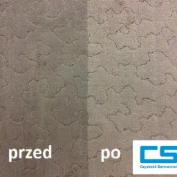 Dywan z beżowym wzorem, porównanie stanu przed i po czyszczeniu, z widocznym logo firmy w prawym dolnym rogu.