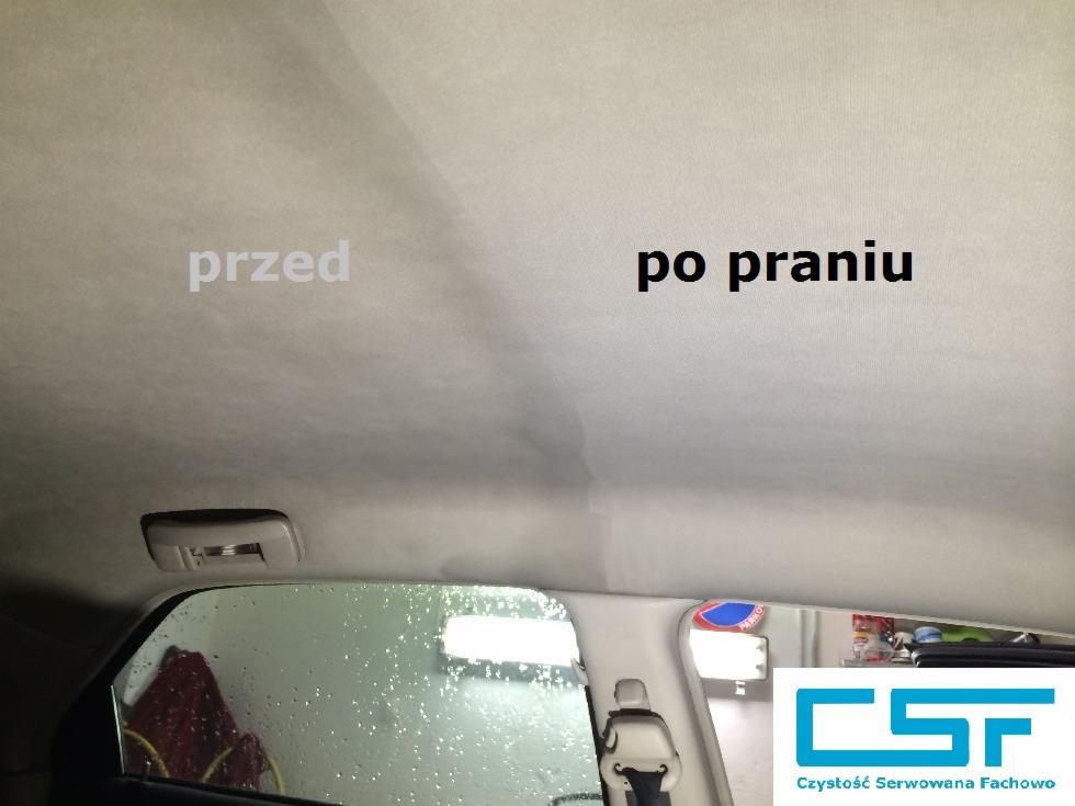 Czyszczenie podsufitki samochodowej: porównanie stanu przed i po praniu, widoczne różnice w czystości na jasnej tapicerce.
