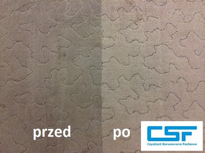 Dywan z beżowym wzorem, porównanie stanu przed i po czyszczeniu, z widocznym logo firmy w prawym dolnym rogu.