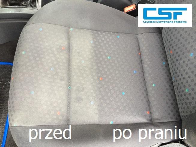 Szare, materiałowe siedzenie samochodowe z kolorowymi kropkami, widok przed i po czyszczeniu, z lewej strony widoczna plama, po prawej stronie czysty materiał, w górnym rogu logo firmy.