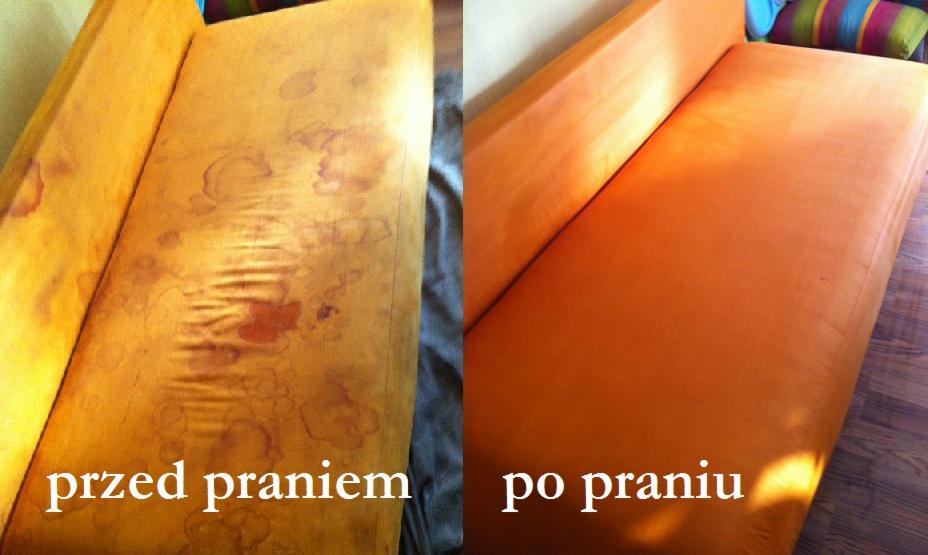 Pomarańczowa kanapa tapicerowana: widok przed i po czyszczeniu, pokazujący usunięcie plam i zabrudzeń.