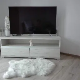 Biała szafka RTV z szufladami i otwartą półką, na której stoją figurki aniołków, obok grzejnik i wazon z sztucznymi kwiatami, na podłodze biały dywanik imitujący skórę owczą.