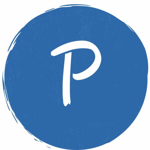 Biała litera P na niebieskim, okrągłym tle z efektem pędzla.