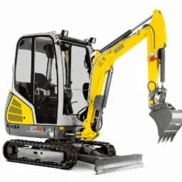 Kompaktowa, żółto-szara minikoparka Wacker Neuson ET16 na białym tle, z widoczną kabiną operatora, gąsienicami i łyżką kopiącą. Sprzęt budowlany w pełnej krasie.