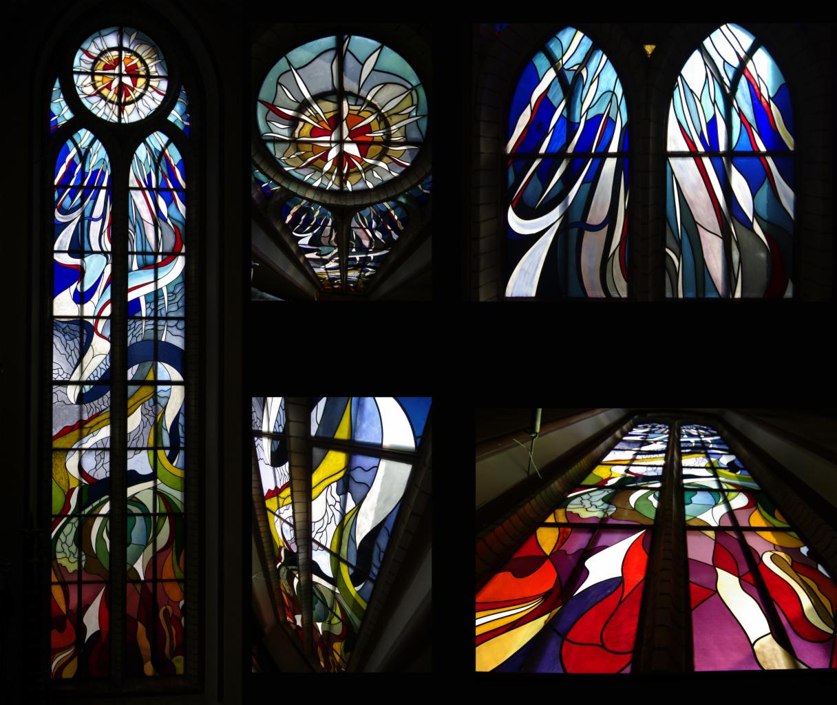 Kompozycja czterech ujęć witraży w kościele, z abstrakcyjnymi wzorami w kolorach czerwieni, błękitu, bieli i żółci.