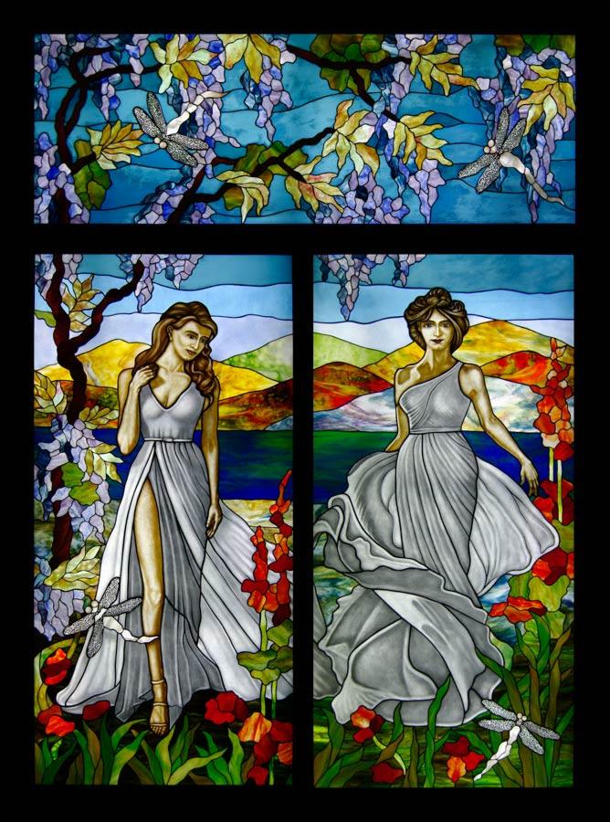 Witraż - dwie panie z ważkami