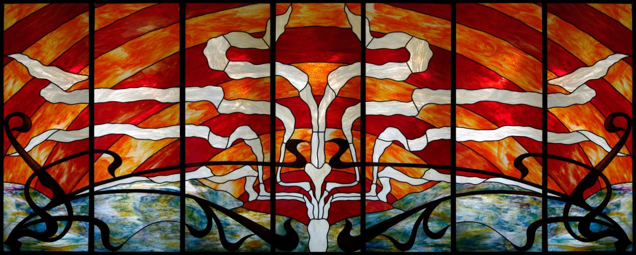 Witraż w restauracji Le Grand Place w Louvain La Neueve, Belgia