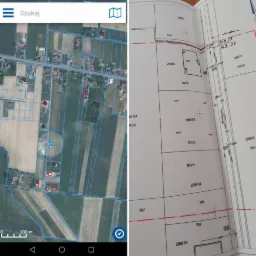 Porównanie mapy działek: cyfrowa aplikacja mobilna z ortofotomapą i tradycyjny plan geodezyjny z numerami działek.