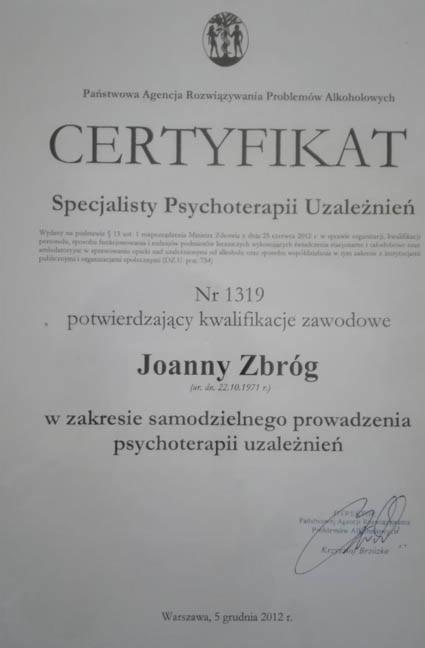 certyfikat specjalisty terapii uzależnień