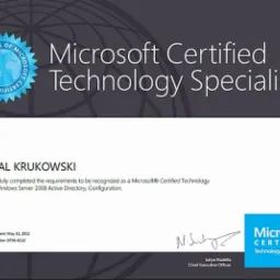 Certyfikat Microsoft Certified Technology Specialist dla Michała Krukowskiego, specjalizacja Windows Server 2008 Active Directory i Configuration, podpisany przez Satyę Nadellę