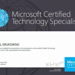 Certyfikat Microsoft Certified Technology Specialist dla SQL Server 2008, Implementation and Maintenance, imię i nazwisko Michal Krukowski, podpis Satya Nadella.