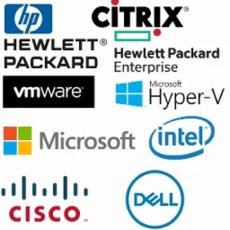 Kolekcja logotypów firm z branży IT, w tym HP, Citrix, VMware, Microsoft, Intel, Cisco i Dell, na białym tle.