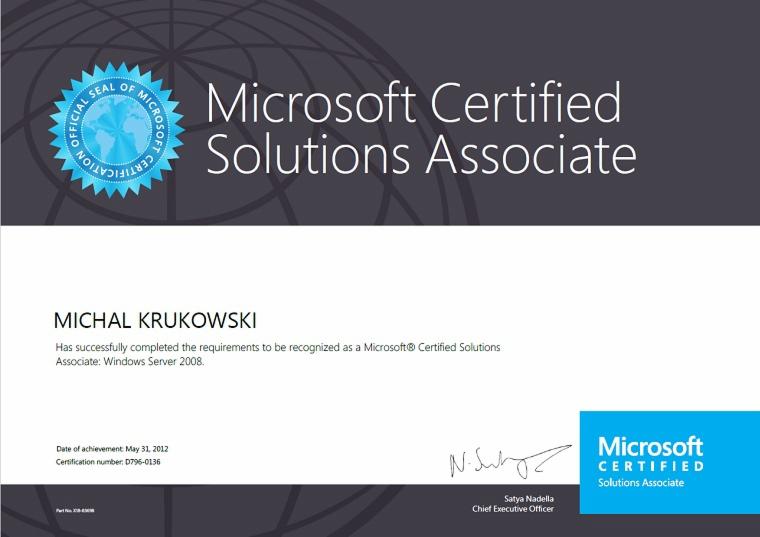 Certyfikat Microsoft Certified Solutions Associate dla Michała Krukowskiego z datą uzyskania 31 maja 2012, podpisany przez Satya Nadellę, CEO Microsoft.