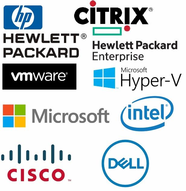 Kolekcja logotypów firm z branży IT, w tym HP, Citrix, VMware, Microsoft, Intel, Cisco i Dell, na białym tle.
